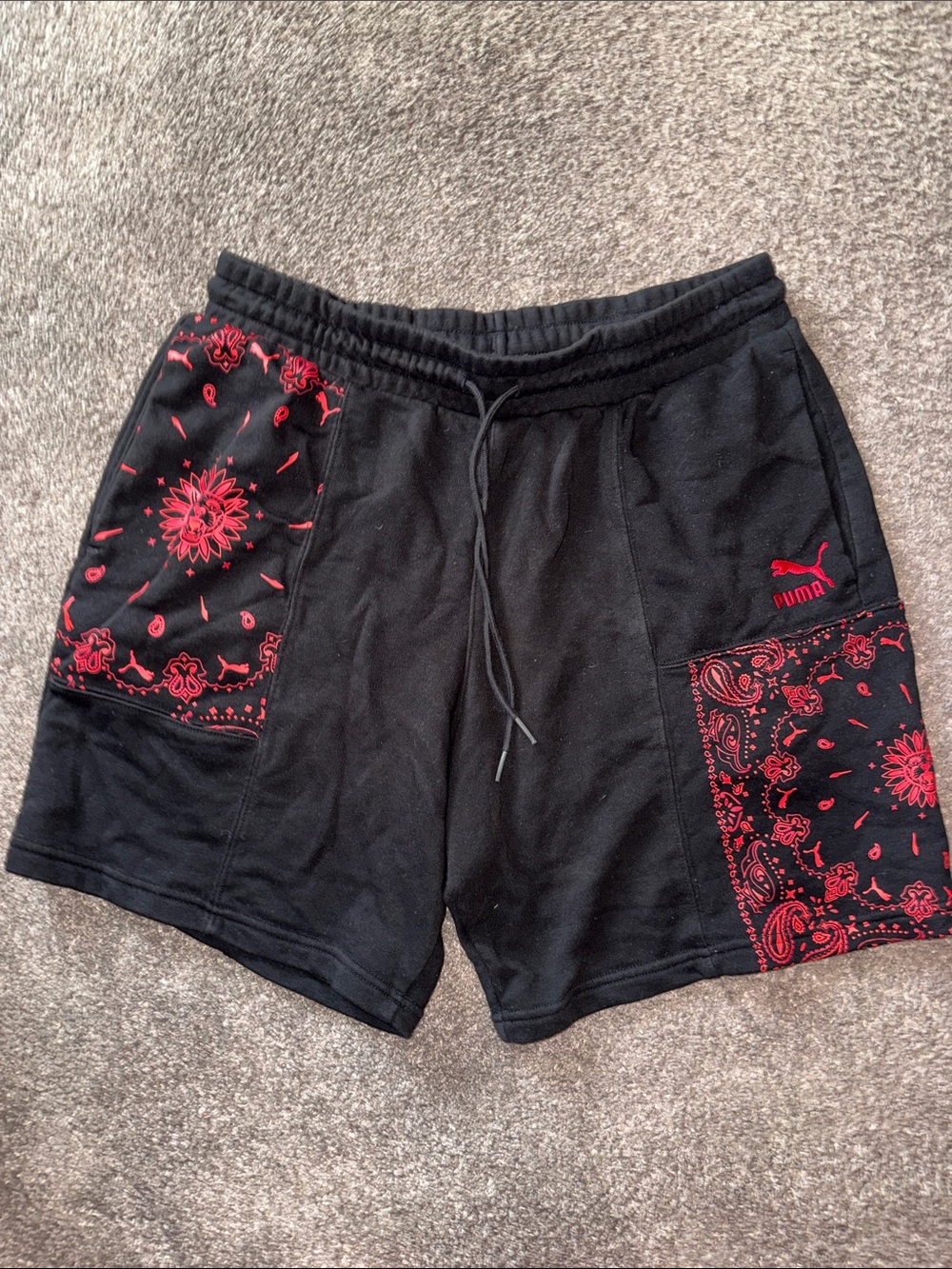 Puma Men’s Black Shorts with Red Bandana Panels